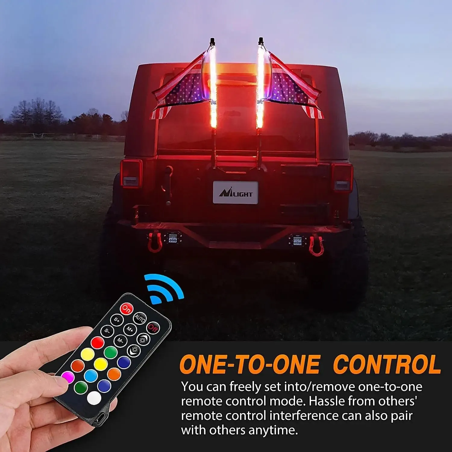 2Pcs 2FT Spiral Antenna Led Whip Light RF Remote Control | 8.6FT Wire 5Pin Switch