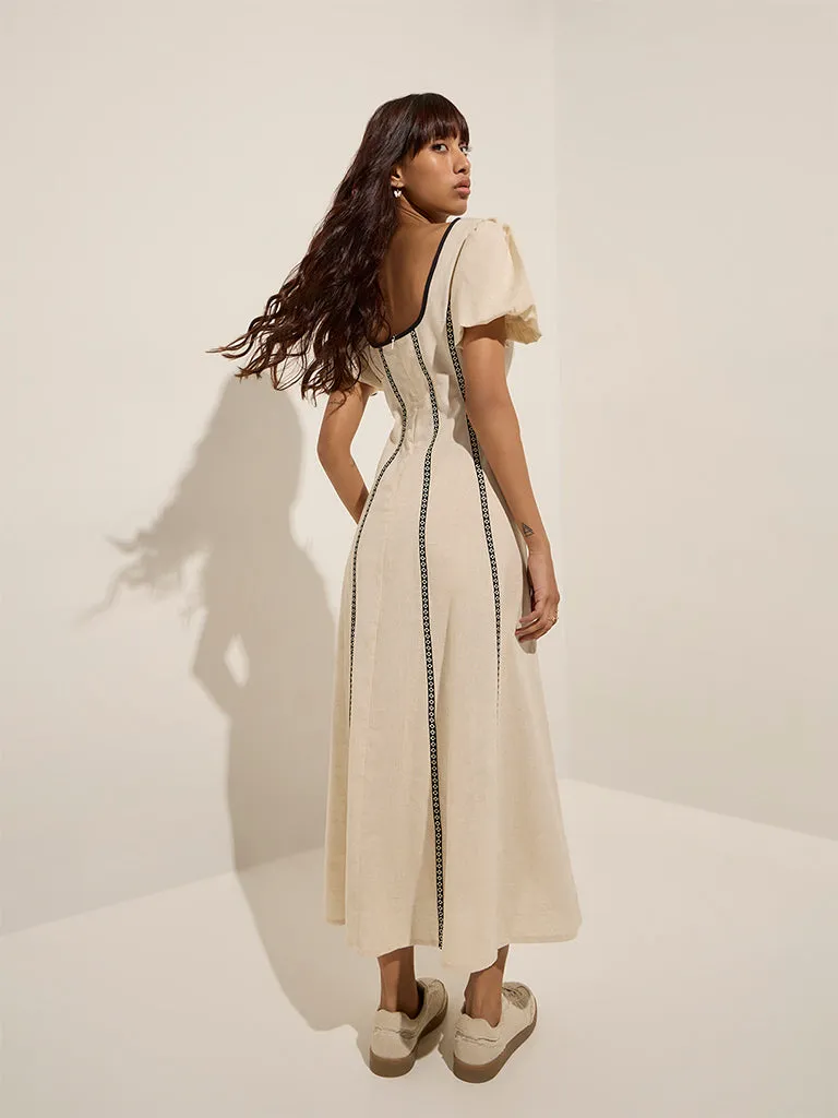 Bombay Paisley Beige Striped Cotton-Blend A-Line Dress