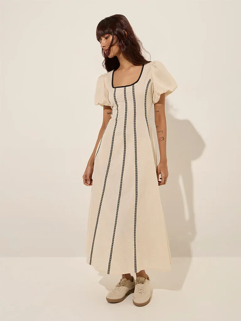 Bombay Paisley Beige Striped Cotton-Blend A-Line Dress