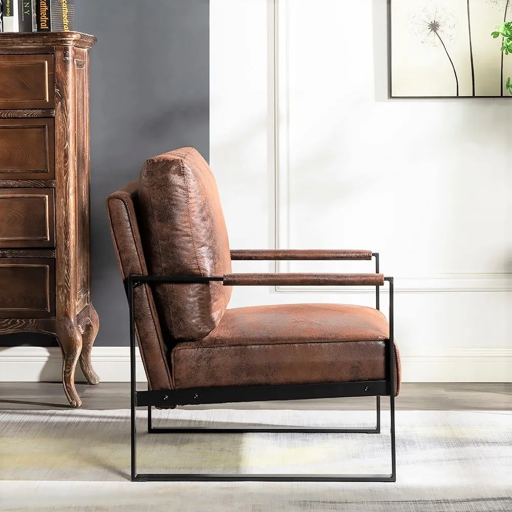 Classic Mid Century Modern Accent Chair With Durable Square Metal Frame, Armchair For Living Room, Bedroom, Home Office Spotted Microfiber Upholstery - Brown by Couch.com