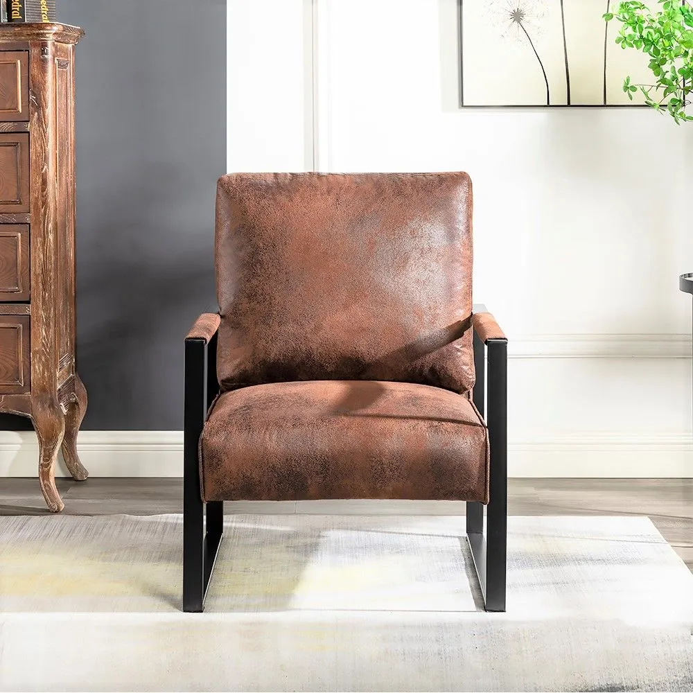 Classic Mid Century Modern Accent Chair With Durable Square Metal Frame, Armchair For Living Room, Bedroom, Home Office Spotted Microfiber Upholstery - Brown by Couch.com