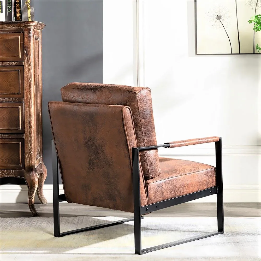 Classic Mid Century Modern Accent Chair With Durable Square Metal Frame, Armchair For Living Room, Bedroom, Home Office Spotted Microfiber Upholstery - Brown by Couch.com