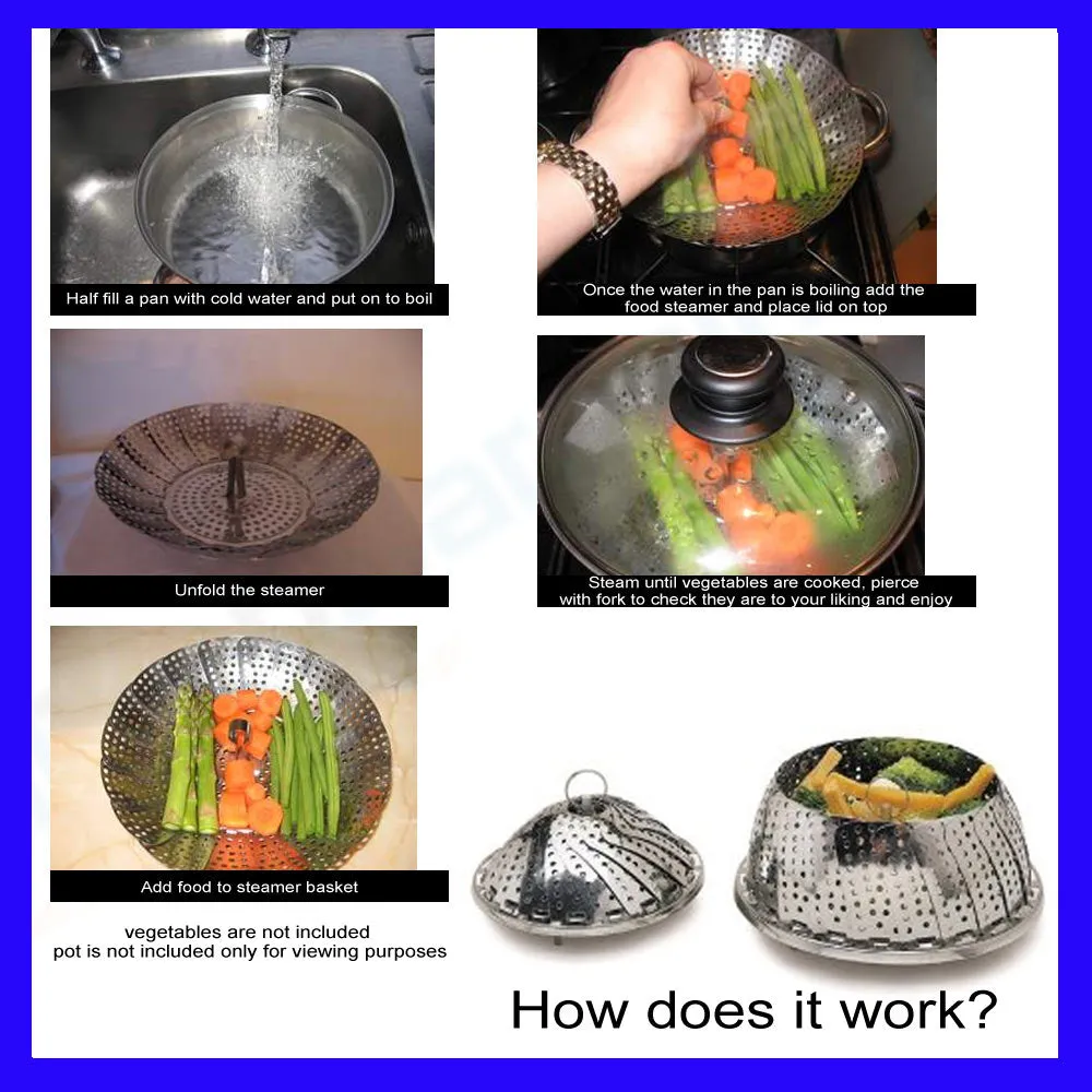Collapsible Stainless Steal Food Steamer Basket Cooker Cooking Vegetable Kitchen