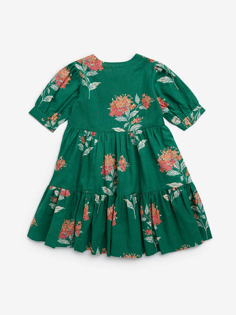 Utsa Kids Green Floral Printed Cotton-Blend Tiered Dress - (2-8yrs)