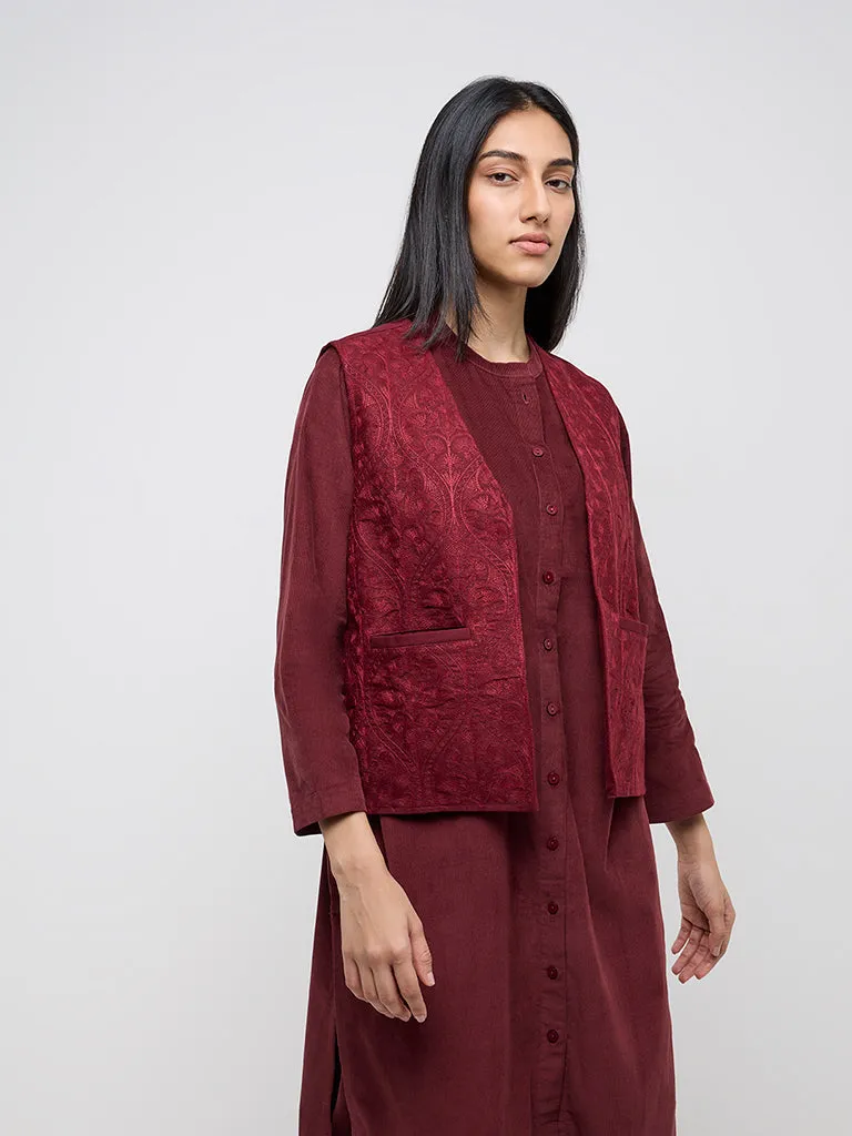 Utsa Maroon Embroidered Cotton Jacket