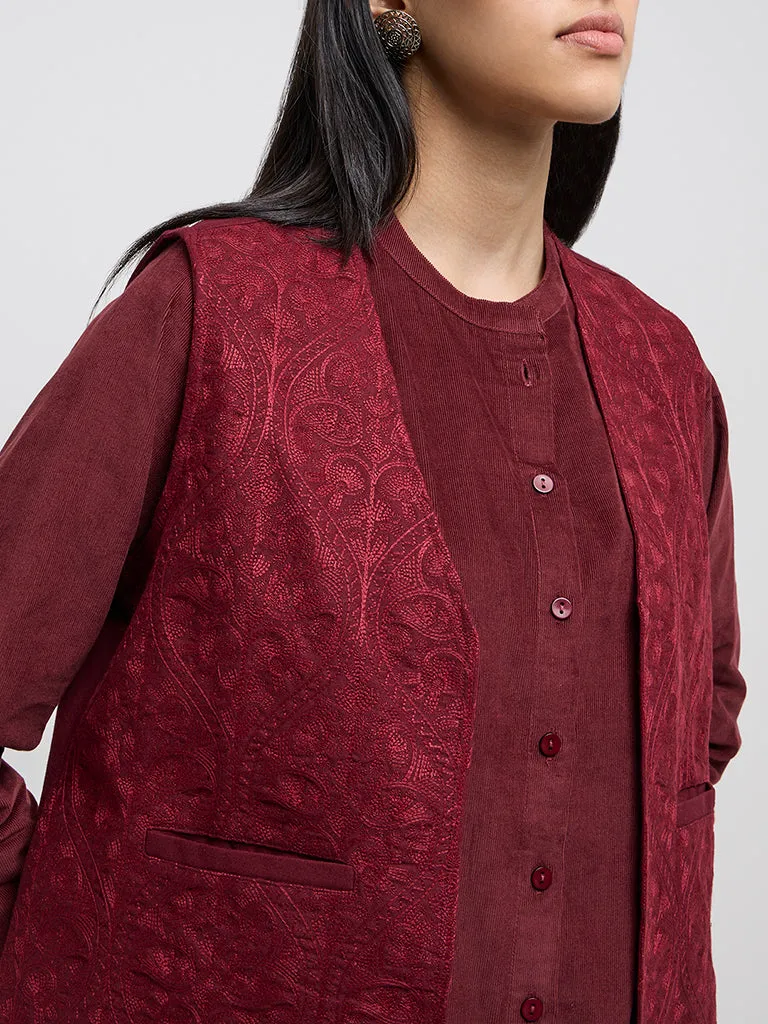 Utsa Maroon Embroidered Cotton Jacket