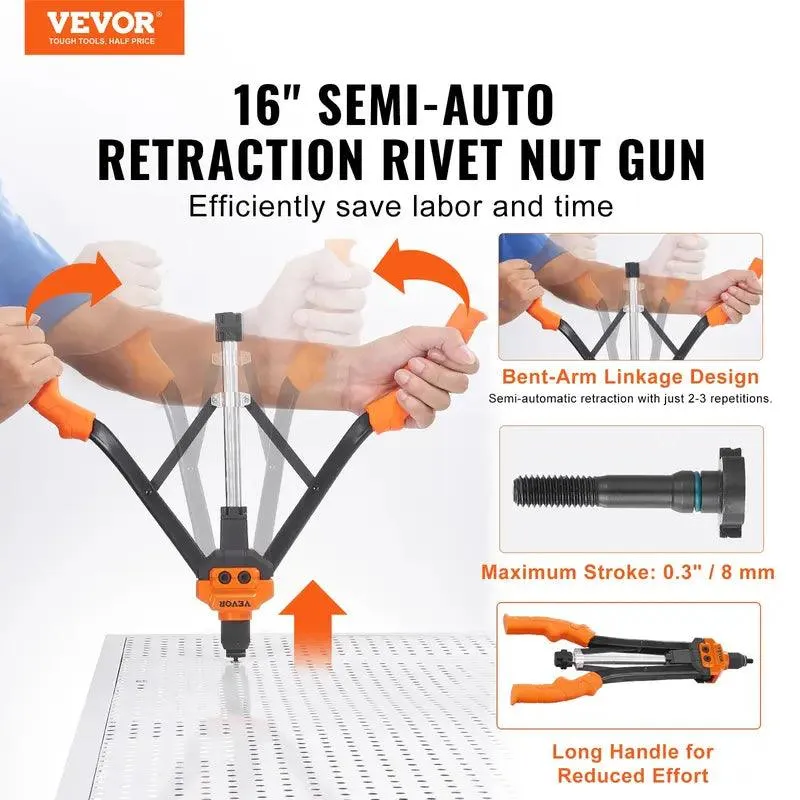 VEVOR Rivet Nut Tool, 16 Inch Rivnut Tool Kit with 13PCS Metric and SAE Mandrels & 186PCS Rivet Nuts, Semi-Auto Retraction, M3, M4, M5, M6, M8, M10, M12, 1/4-20, 5/16-18, 3/8-16, 1/2-13, 8-32, 10-24